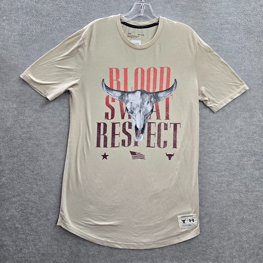 Project Rock x Under Armour Men Shirt Small Beige Blood‎ Sweat Respect Graphic